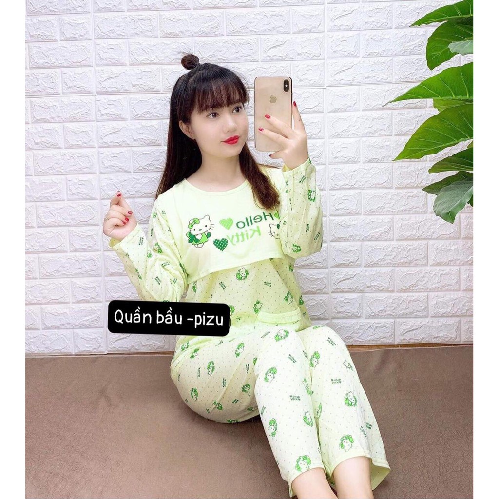 Đồ bộ bầu và sau sinh KITTY DÀI TAY  cho con bú, chất cotton mềm mịn cho mẹ bầu mặc nhà BD922