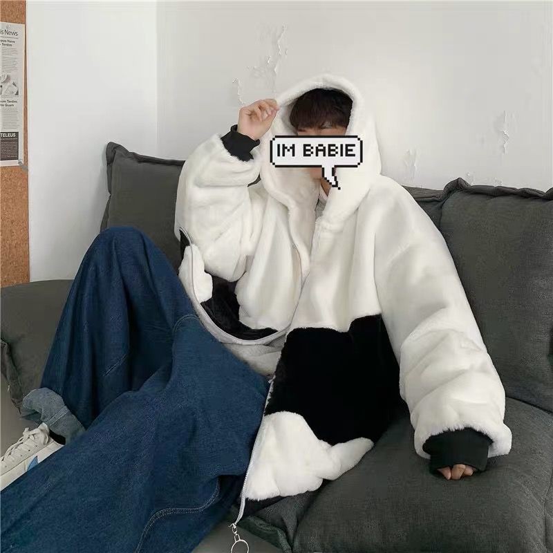 Áo Khoác Lông Cừu Có Mũ Trùm Dáng Rộng Phối Khóa Kéo Thời Trang Mùa Đông Hàn Quốc Dành Cho Nam