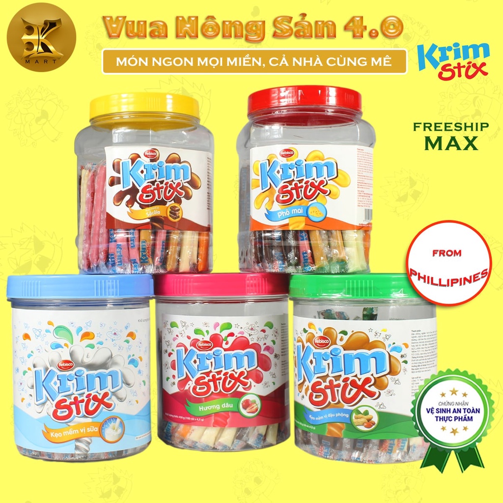 Kẹo mềm tan chảy dạng que KRIM STIX (Hũ 100 que/ 450G) vị: Socola, Phô mai, Khoai môn, Sữa, Sữa dứa, Dâu, Bơ đậu phộng