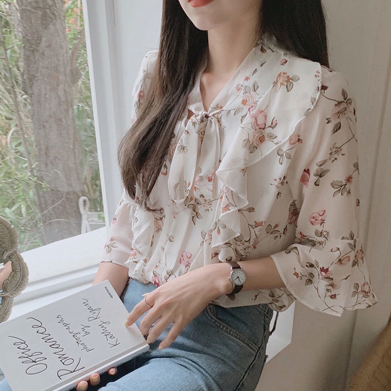 Áo Sơ Mi chiffon Ngắn Tay Họa Tiết Hoa Thời Trang Cho Nữ