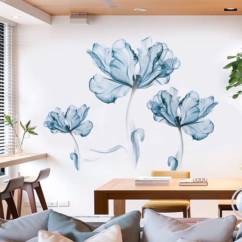 Tranh dán tường hoa xanh cánh mỏng chất liệu cao cấp chống thấm nước .