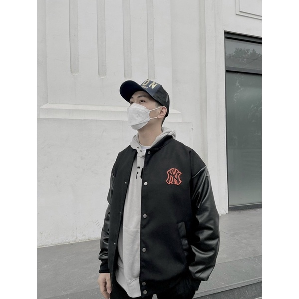 Áo varsity jacket Bomber MLB NY Full Tag mác dạ dày dặn phối tay da, Áo bomber dạ form rộng nam nữ