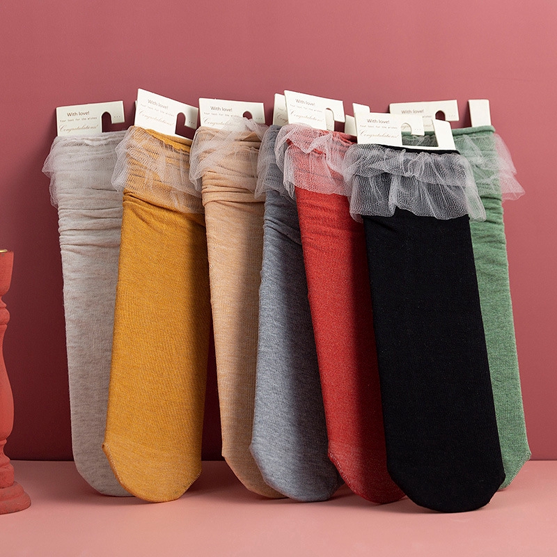Lace Ruffles Frilly Cotton Ladies Socks All Seasons College Harajuku Lovely Cute Retro Floral Princess Loose Solid Women Socks