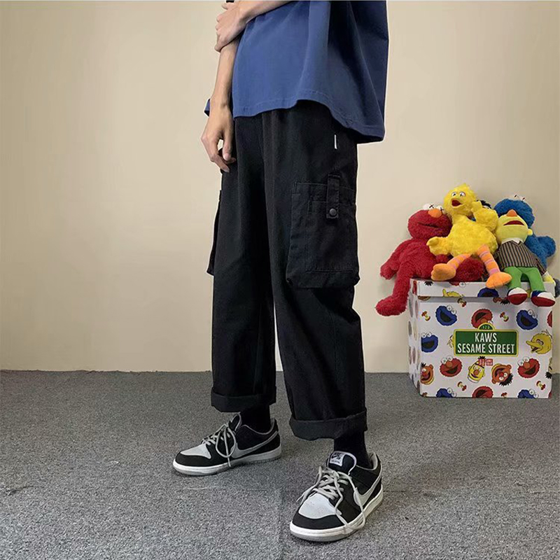 Men's Multiple Pocket Cargo Pants Japanese Street Trend Loose Drawstring Casual Pants for Men