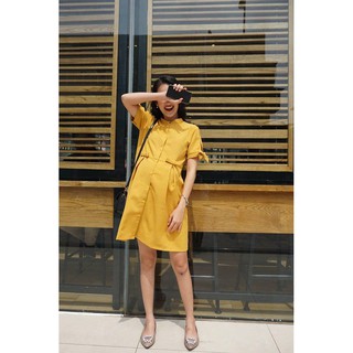 Váy bầu vàng cổ tàu nơ sườn