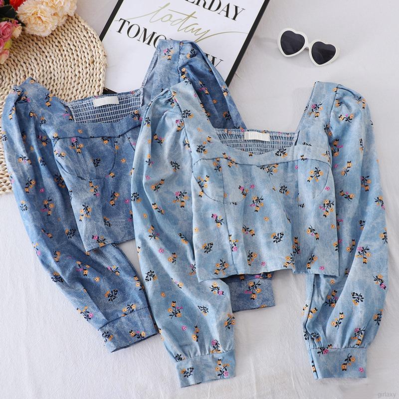 Áo kiểu tay dài cổ vuông họa tiết hoa phong cách retro Hàn Quốc xinh xắn thời trang cho nữ | BigBuy360 - bigbuy360.vn