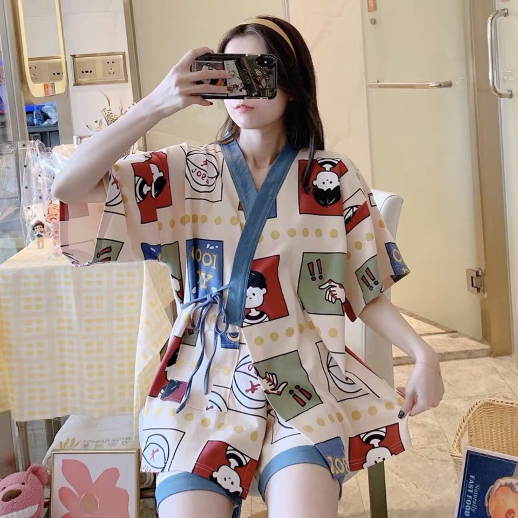 Set Đồ Nữ Pyjama Ngắn Tay Hoạt Hình Có Dây Buộc 5 màu - Bộ ngủ KIMONO thắt eo Cậu bé Quả đào - Yukata Kẻ hồng Cặp đôi