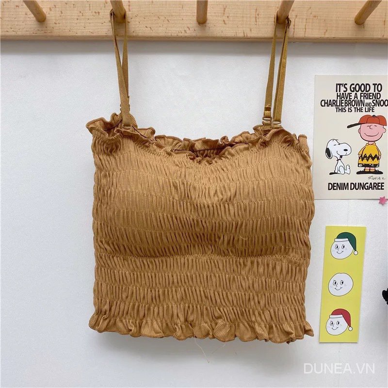 DUNEA Áo hai dây hở lưng xếp ly có đệm ngực cho nữ