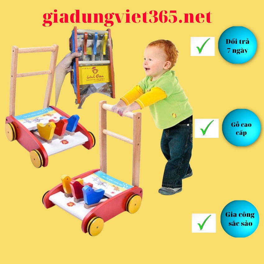 Xe tập đi cho bé, xe gà tập đi cho bé có vòng cao su chống trượt bằng gỗ 3 con gà
