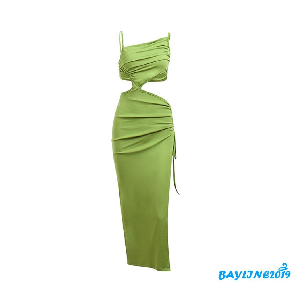 BAY-Female Long Dress, Summer Solid Color Sleeveless Spaghetti Strap Hollow Out One-Piece with Drawstring, S/M/L