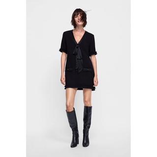 Đầm ZARA dạ thô đen nơ lụa sang chảnh