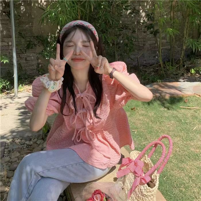 Áo Sơ Mi chiffon Tay Phồng Phối Ren Hai Mặt Trước Sau Thiết Kế Ngọt Ngào Thời Trang Mùa Hè Cho Nữ