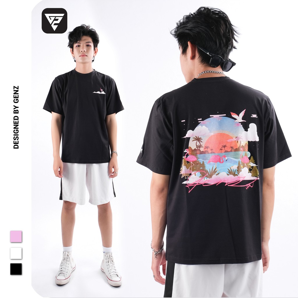 Áo thun tay lỡ GENZ phông Unisex nam nữ Cotton oversize form rộng Summer Flamingo | WebRaoVat - webraovat.net.vn