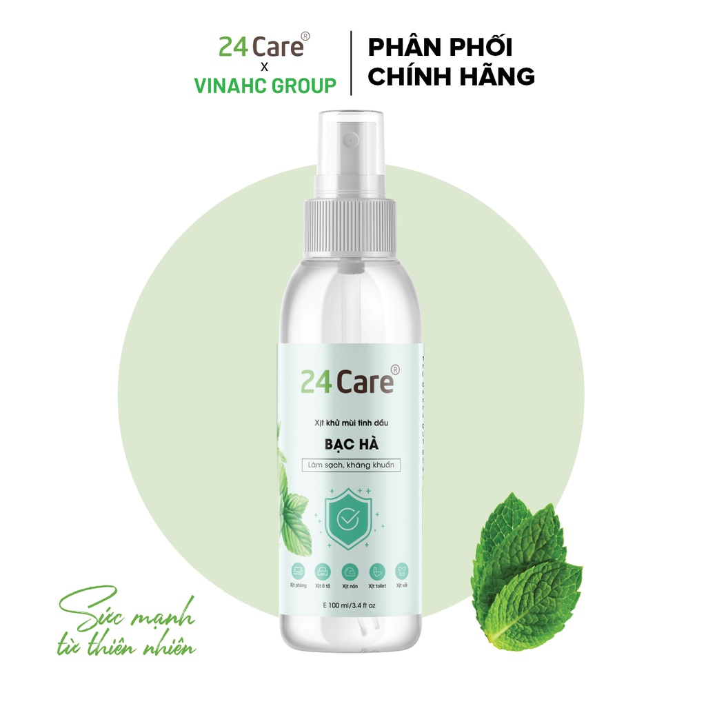 [KHÁNG KHUẨN] Xịt phòng Bạc Hà 24Care thơm phòng nguồn gốc thiên nhiên 100ML