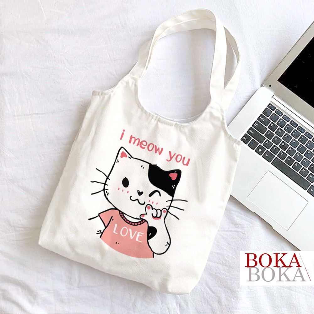 Túi Tote Vải Canvas Quai Tròn Hình Mèo Meow U Phong Cách Ulzzang (Có Khóa Kéo)