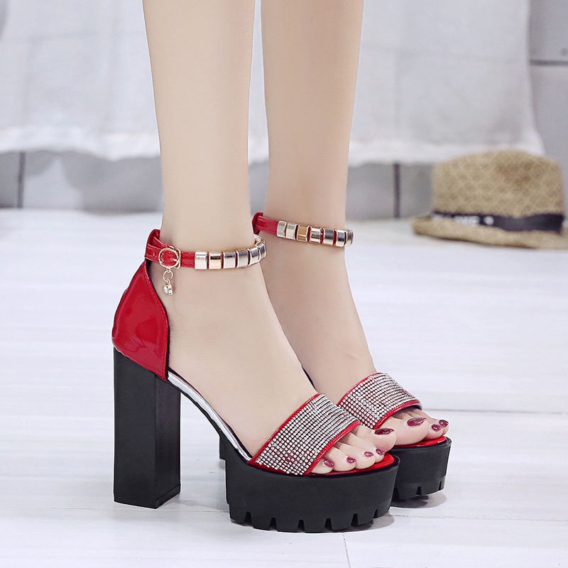 Giày cao gót 12 phân giày cao gót vintage giày cao gót 12cm Giày Sandal Cao Gót Đế Dày Cài Khóa Đính Đá Chống Thấm Nước JJXDXF0706