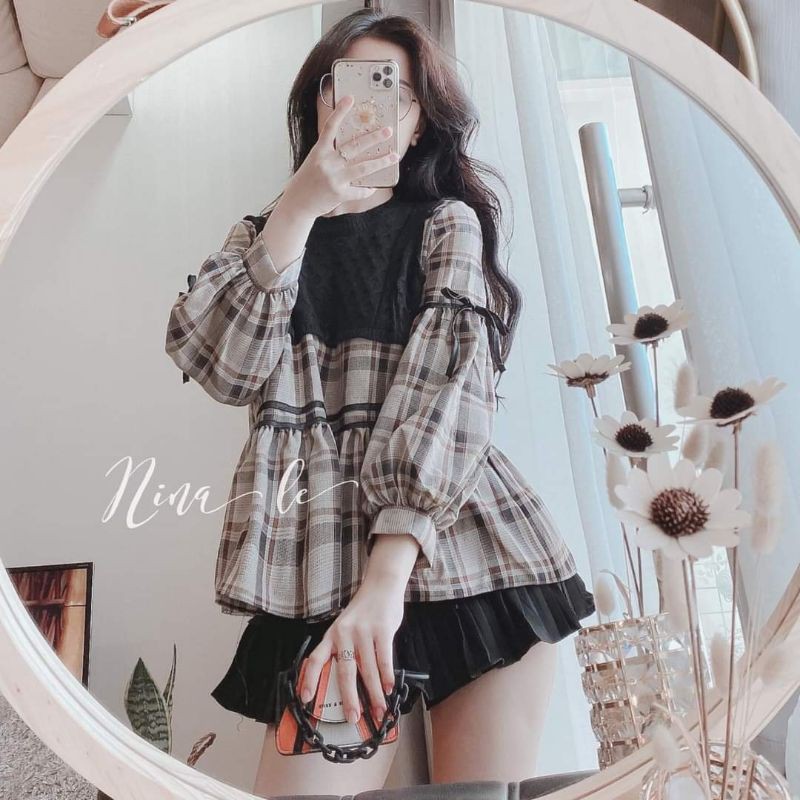 Áo babydoll kẻ caro phối len siêu xinh