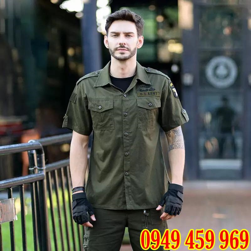☒∏Áo Lính - Sơ Mi Nam Túi Hộp Phong Cách Mỹ Cộc Tay