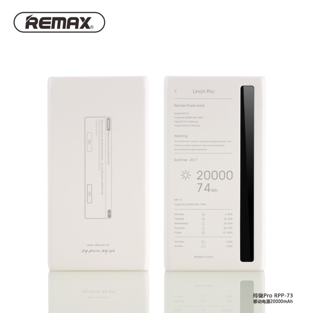 Sạc dự phòng remax rpp 73 dung lượng 20000mAh có đèn hiển thi pin có đèn pin