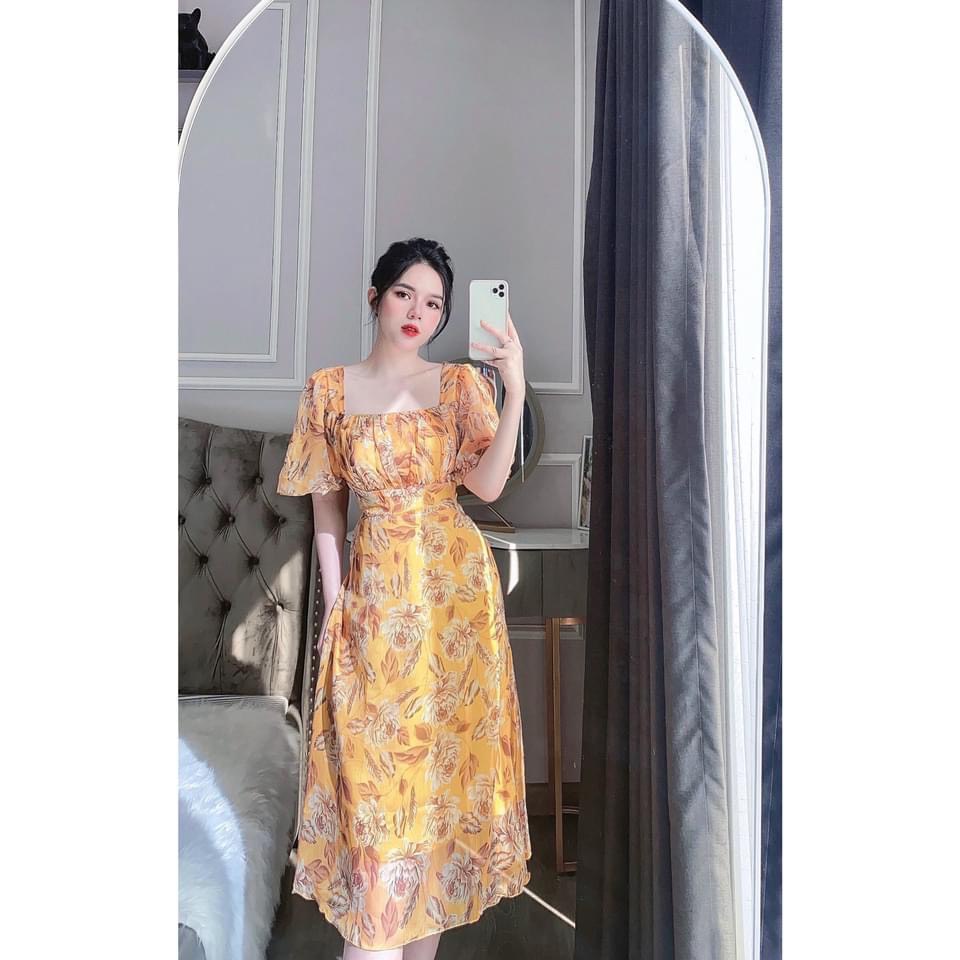 Váy hoa cổ vuông xếp ly ngực siêu xinh