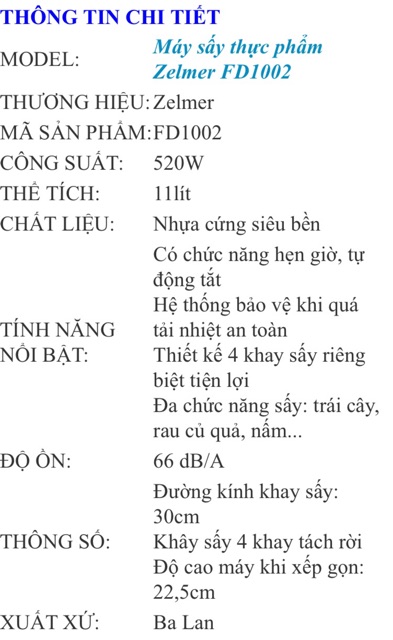 [Thanh lý] Máy sấy thực phẩm Zelmer FD1002 - 520w