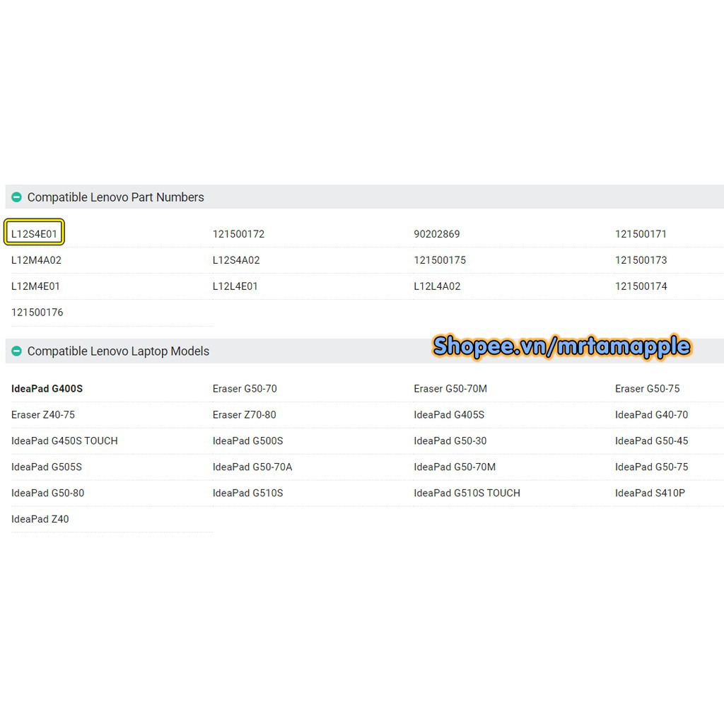 Pin Laptop LENOVO G400S (có chữ S) - 4 CELL - G400s G405s G410s G500s G505s G510s, G40-70, G50-70