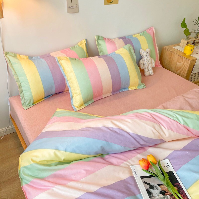 Bộ chăn ga Cotton Poly HL bedding chăn ga Hàn Quốc Bảy sắc cầu vồng đủ size miễn phí bo chun