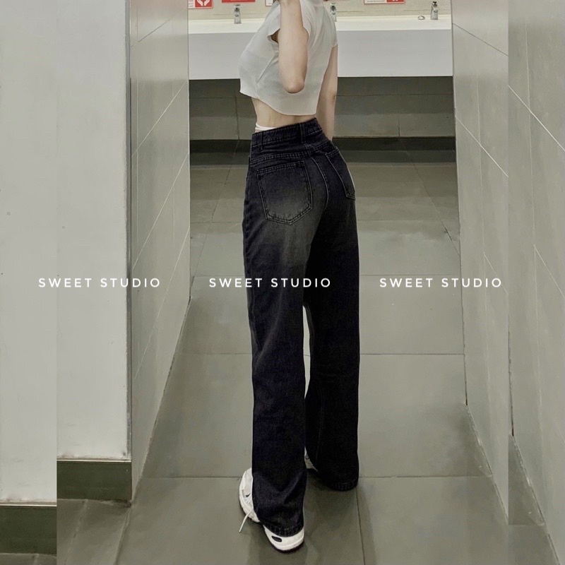 Quần Jeans Đen Nữ Cao cấp ống rộng đứng dáng dày dặn