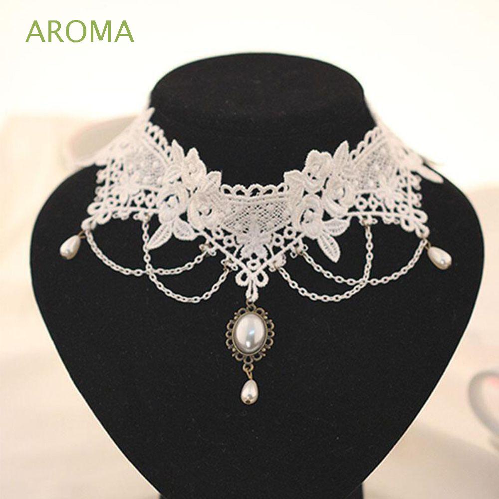 Vòng Cổ Choker Ren Đính Ngọc Trai Nhân Tạo Màu Trắng Phong Cách Cổ Điển Thời Trang