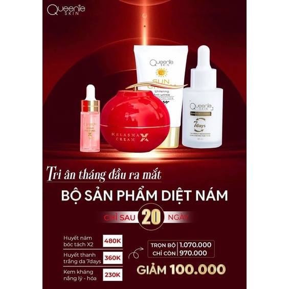 combo 5hộp KEM NÁM CHÍNH HÃNG QUEENIE SKIN HUYẾT NÁM BÓC TÁCH X2 Lần hiệu quả sau 20 ngày tặng tế bào gốc nhau thai 150k