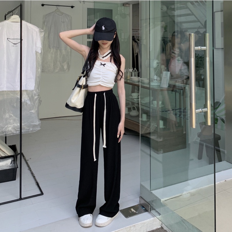 Quần ống rộng Lưng Cao Phối Dây Rút Phong Cách Hàn Quốc 3 Màu Sắc Lựa Chọn Dành Cho Nữ