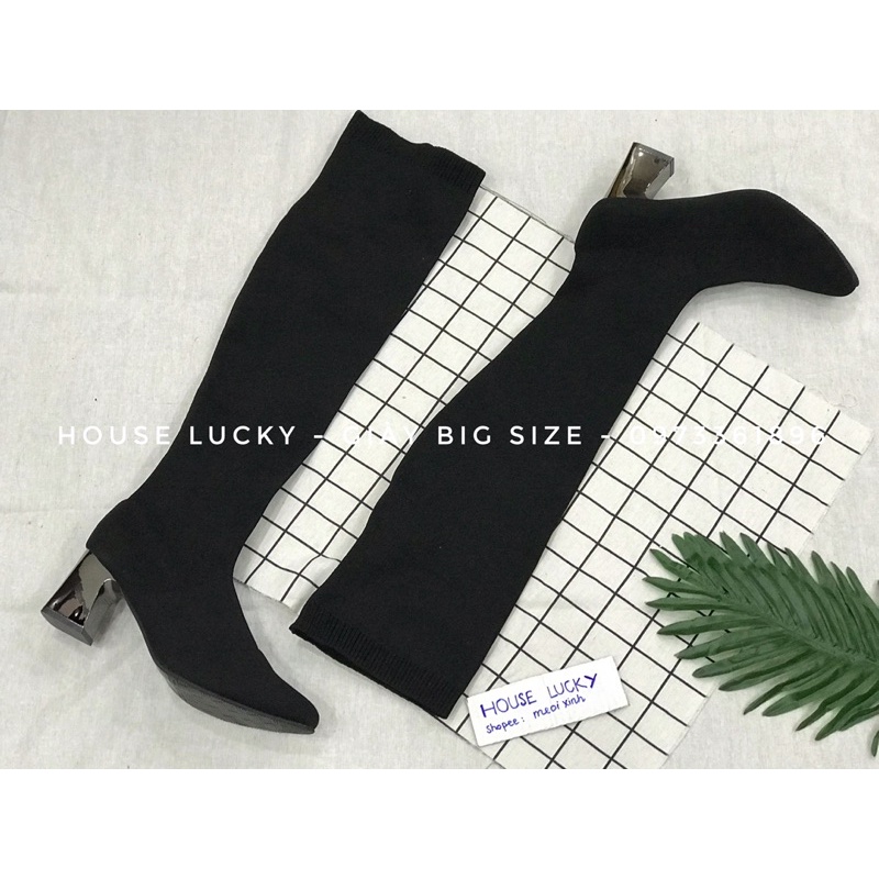 Bốt đùi BIG SIZE thun co giãn cho bắp chân 36-42cm cao gót tráng gương 7p