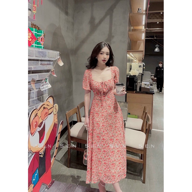 Váy Maxi Hoa Nhí Hồng Dáng Dài Xòe Tay Phồng Cổ Vuông Thời Trang Mùa Hè