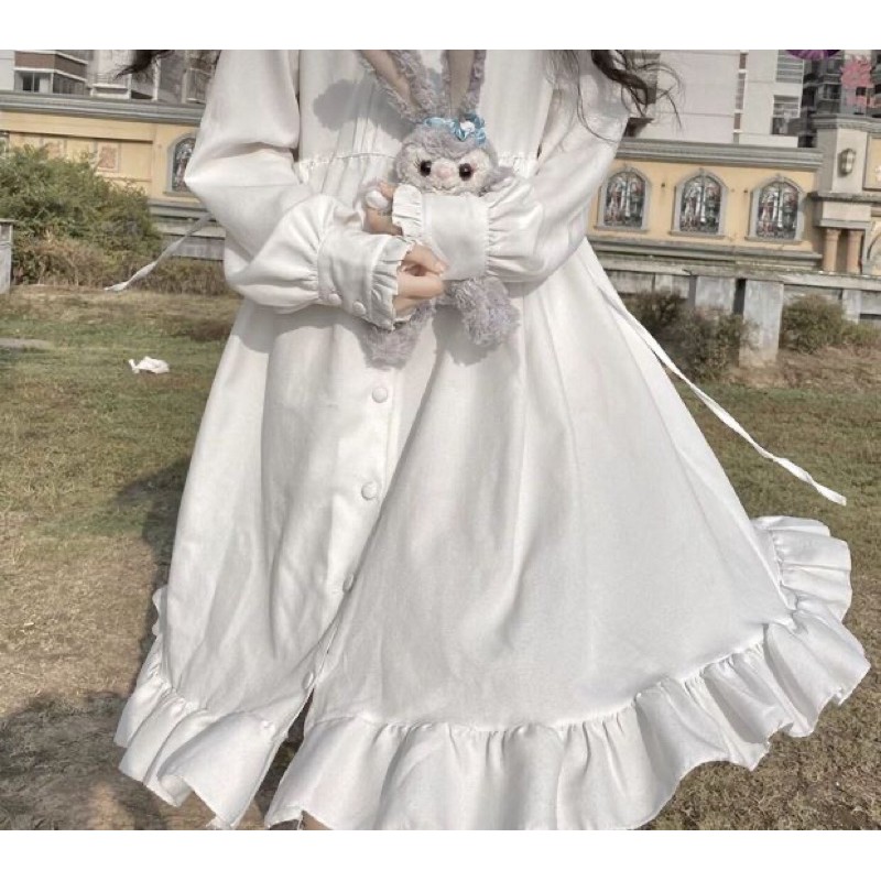 Váy babydoll dài tay mùa đông trắng dễ thương ulzzang vintage