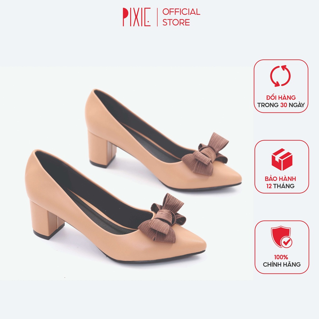 Giày Cao Gót 5cm Đế Vuông Mũi Nhọn Nơ Ấu Màu Nâu Đỏ Pixie P284