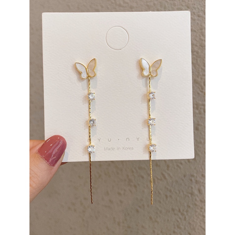 Bông tai mạ bạc 925 dáng dài hình bướm phong cách Hàn Quốc thời trang mới
