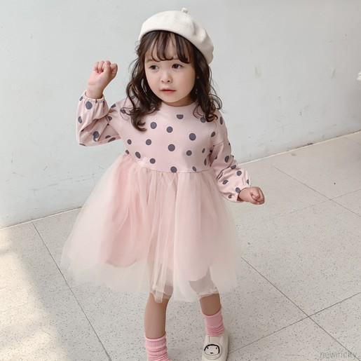 Đầm lưới chấm bi dài tay phong cách Hàn Quốc dễ thương dành cho bé gái