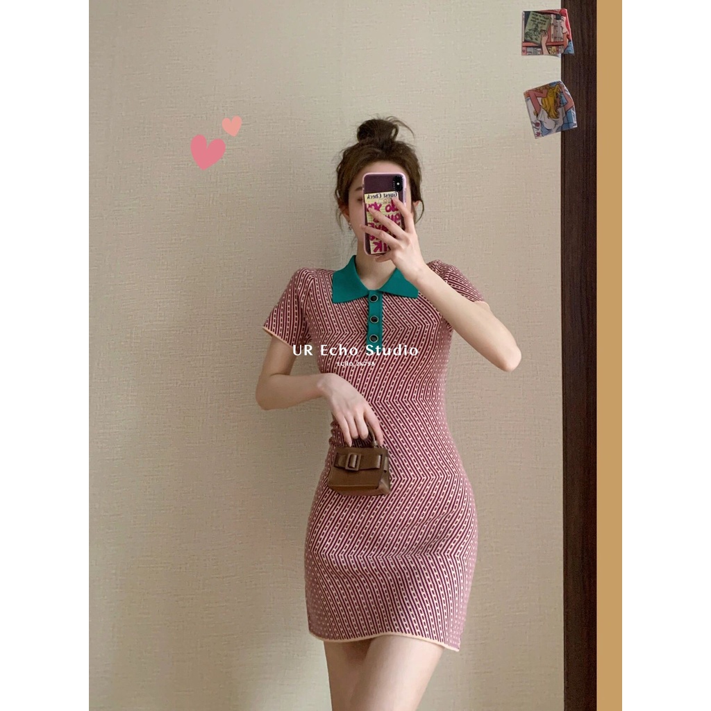 Đầm Dệt Kim Tay Ngắn Cổ Polo Dáng Ôm In Hoa Thời Trang Mùa Hè Retro Cho Nữ