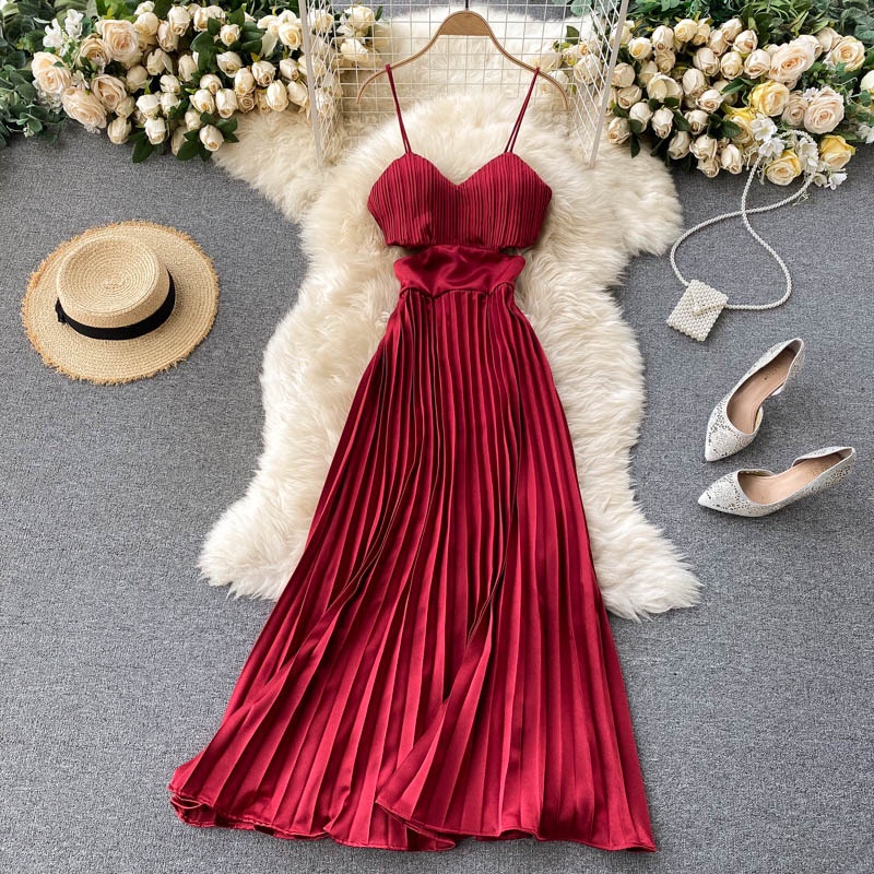 M241 - Váy lụa maxi hai dây xếp ly cúp ngực cut out eo có mút (6 màu)