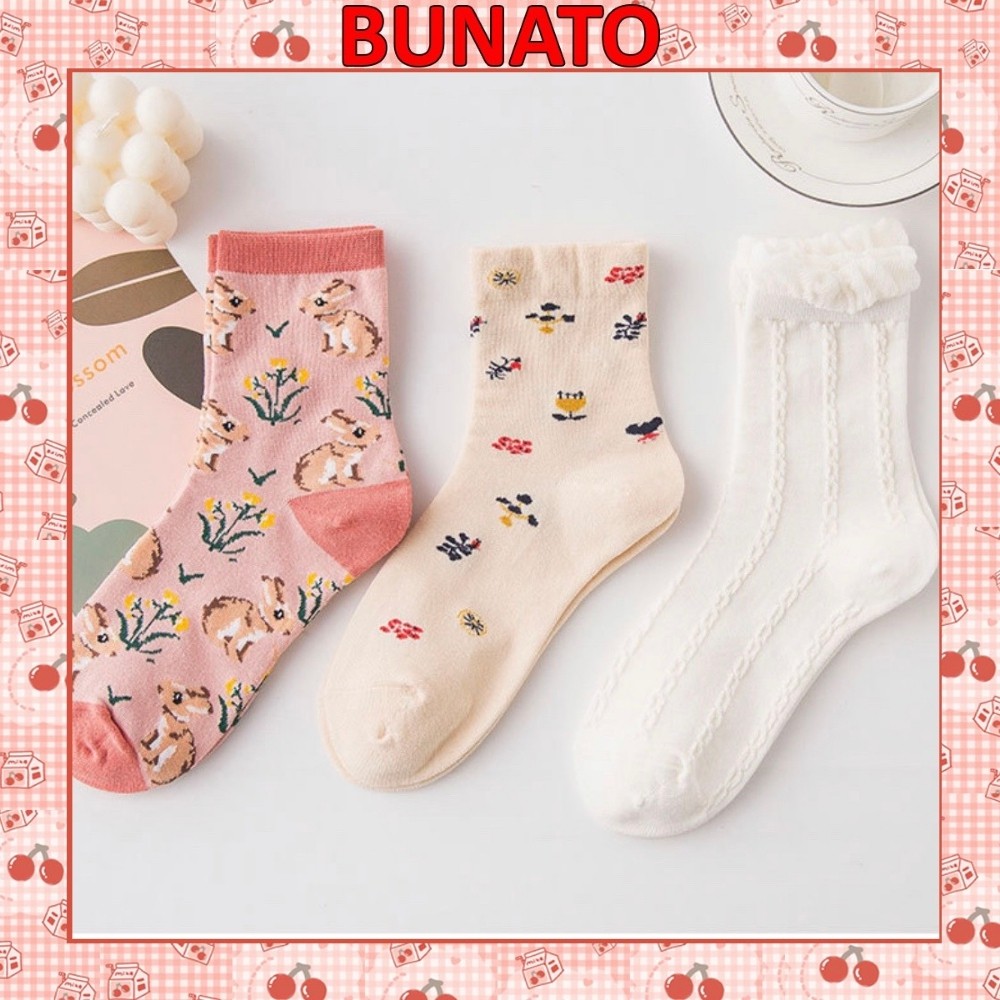 Vớ tất nữ Bunato tất cổ cao len gân cổ bèo vintage ngọt ngào TN103