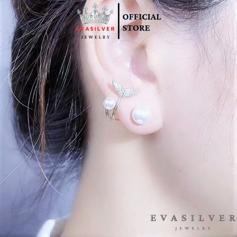 Bông tai bạc hình đuôi cá đính hạt trai nữ tính - Trang sức bạc Evsilver
