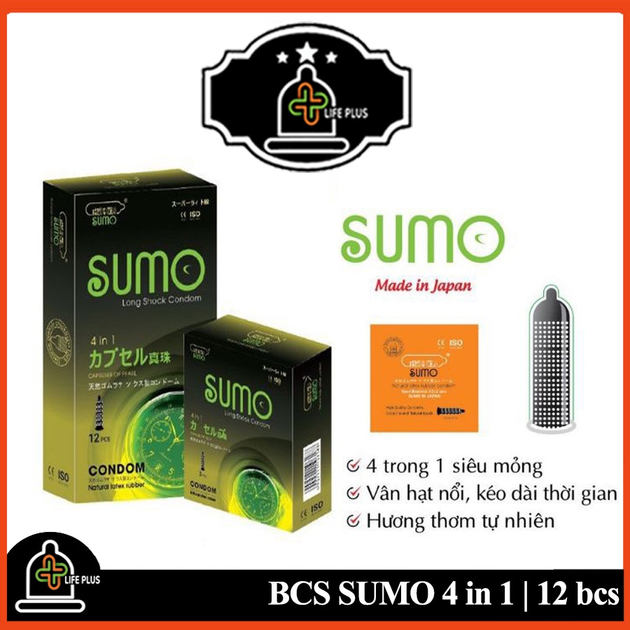 Bao Cao Su Siêu Mỏng SUMO 4 in 1 Gân Gai, Phát Hiện Bệnh Tình Dục Hộp 12 bcs - Tặng 1 Bao Cao Su LP01 - Life Plus Store