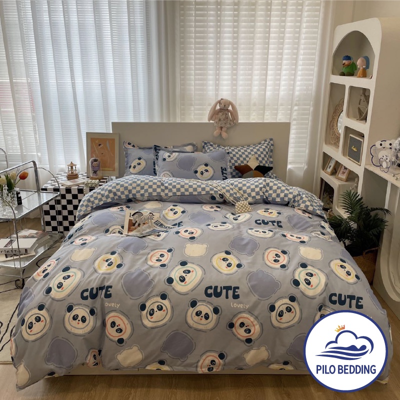 Bộ chăn ga gối Cotton Poly PILO BEDDING gồm vỏ chăn mền,drap ga giường và 2 vỏ gối nằm - PL gấu trúc tím