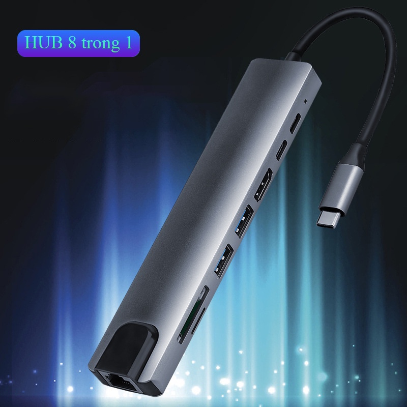 Cổng chuyển đổi HUB USB Type-C đa năng 8 in1 HDMI, USB 3.0, SD, TF, RJ45, PD Type-C hợp kim nhôm cao cấp - K1324