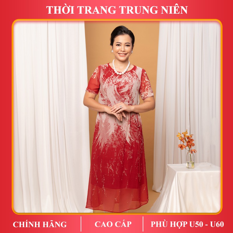 Đầm suông trung niên iDiva D14-09 chất liệu lụa voan cao cấp, bigsize phù hợp u50 dự tiệc & dạo phố