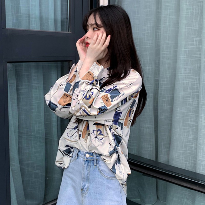 Áo sơ mi tay dài cổ bẻ phối nút hoạ tiết hoa cho phái nữ