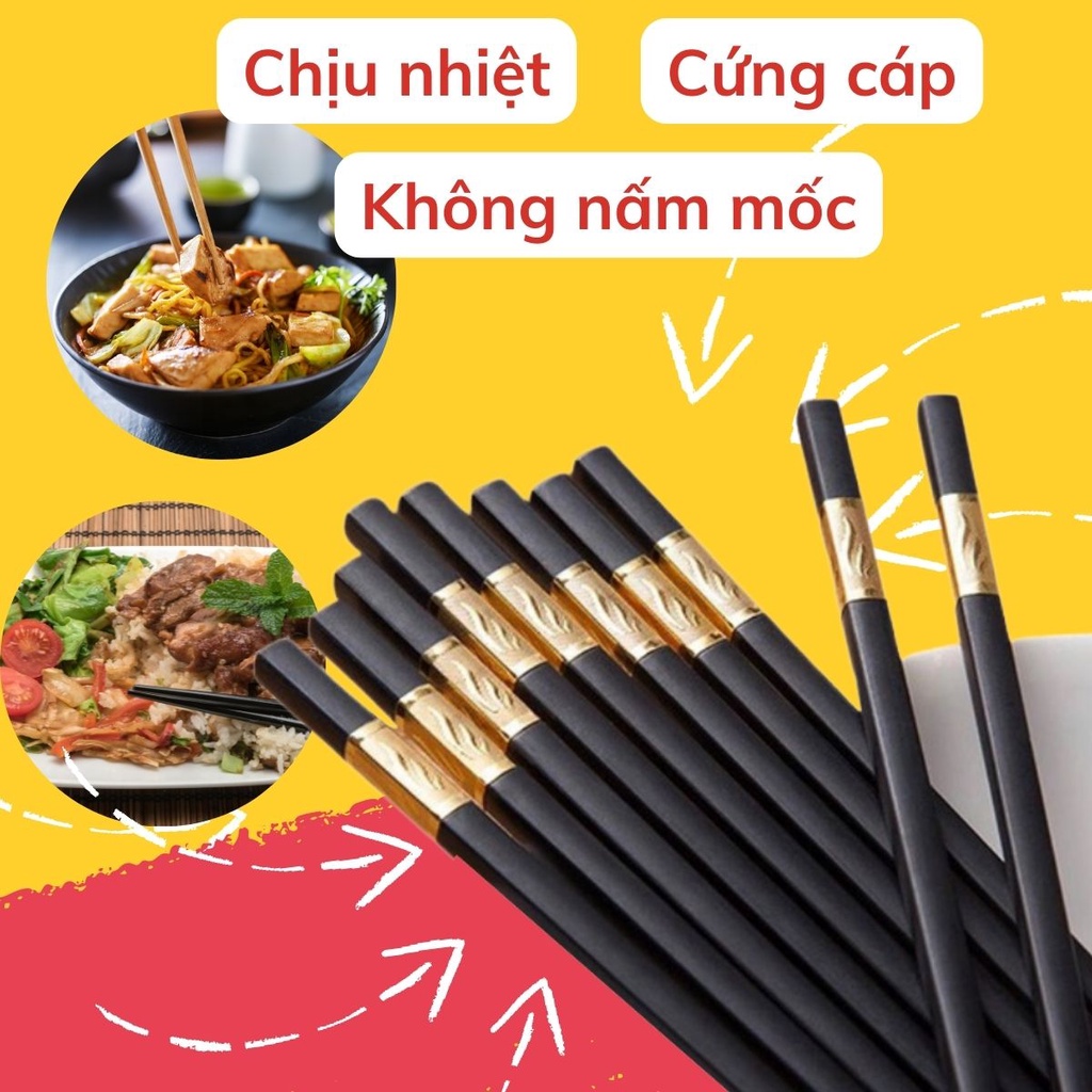 Hộp 10 đũa ăn cao cấp hợp kim bọc vàng kháng khuẩn 27cm - Bộ 10 đôi đũa hợp kim không mốc chịu nhiệt tốt độ bền cao