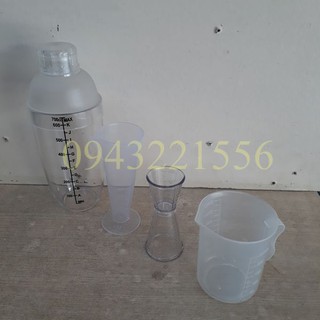 BỘ 4 DỤNG CỤ ĐONG PHA CHẾ (SHAKER 700 ML IN, LY 100ML, LY 250M, LY 2 ĐẦU)