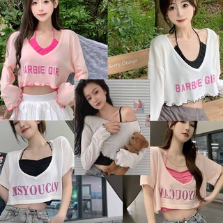 SA007 set 2 món croptop BarBie Girl dài tay áo yếm trong Bộ áo thun phông ngắn hè thu trẻ trung đi chơi đi biển
