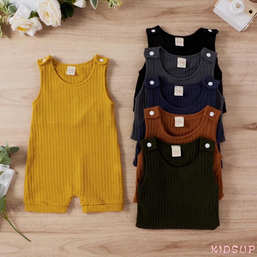 Bộ áo liền quần sát nách cổ tròn màu sắc đơn giản cho bé